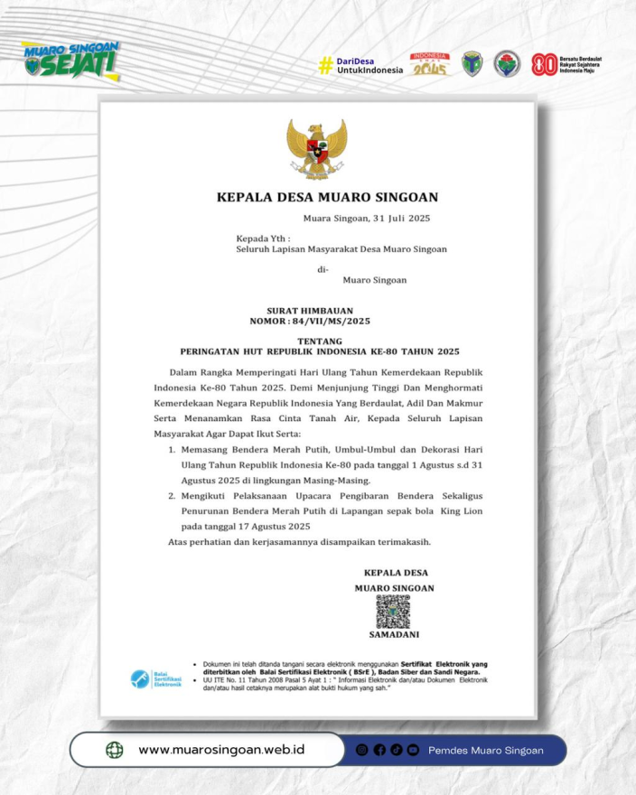 Semarakkan HUT ke-80 RI, Pemerintah Desa Muaro Singoan Edarkan Arahan dan Petunjuk untuk Partisipasi Masyarakat